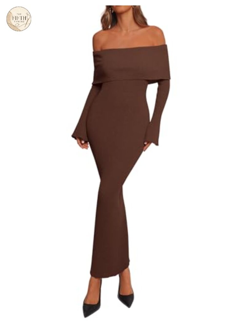 Off Shoulder Bodycon Maxi Sweater Dress Bell Sleeve Ribbed Knit